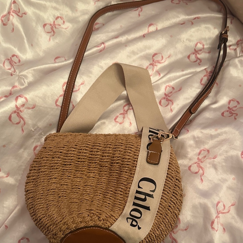 Chloe Tan and Cream Woven Bucket Crossbody Bag